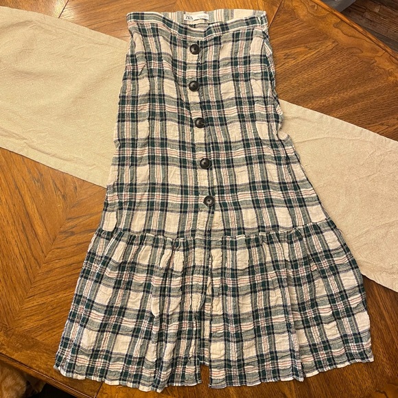 PLAID RUFFLED A-LINE MIDI SKIRT M - Picture 2 of 5